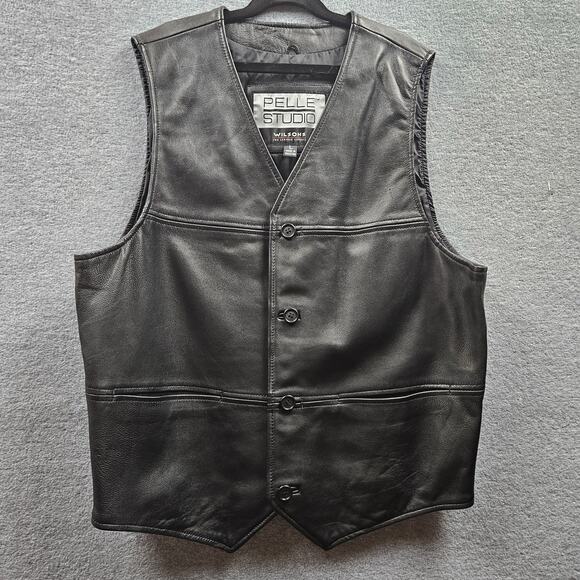 Share Pelle Studio Wilsons Vest Men's L Black 100% Leather V-neck Button Front - Picture 5 of 8